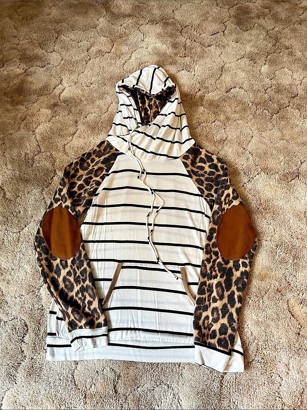 Striped Leopard Hoodie in White & Brown Size Small